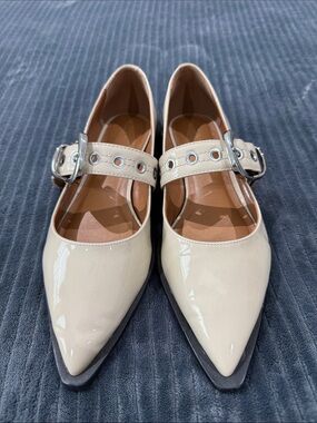 Maeve Patent Pointed Mary Jane Flats in Cream with Silver Buckle
